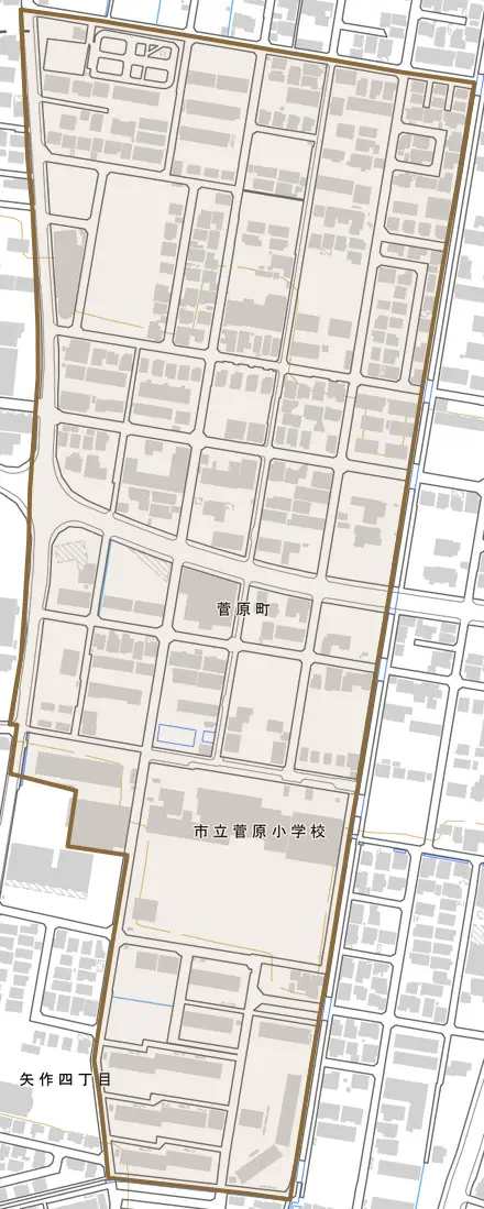 菅原町とその周辺の地図。町の範囲を重ねている