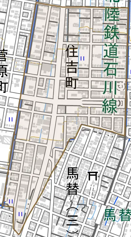 住吉町とその周辺の地図。町の範囲を重ねている