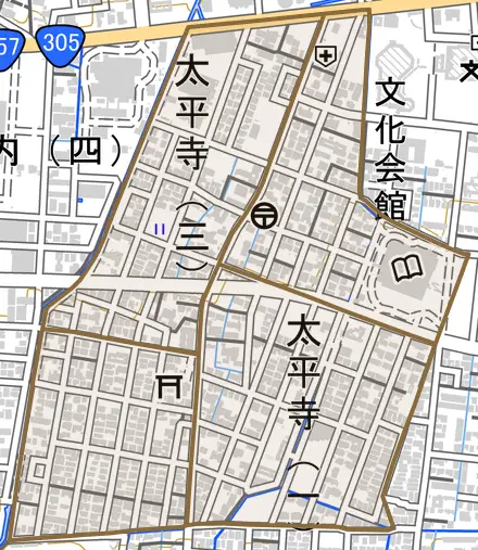 太平寺とその周辺の地図。町の範囲を重ねている