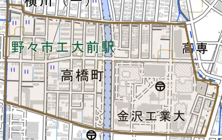 高橋町とその周辺の地図。町の範囲を重ねている