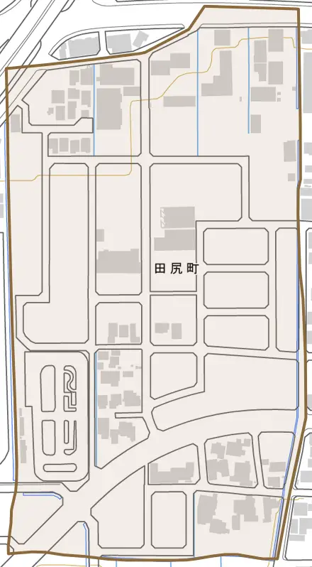 田尻町とその周辺の地図。町の範囲を重ねている