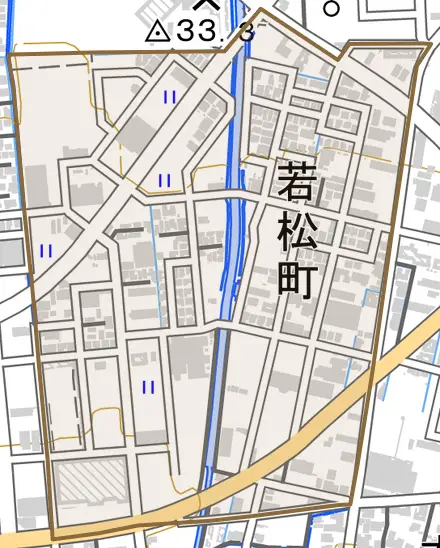 若松町とその周辺の地図。町の範囲を重ねている