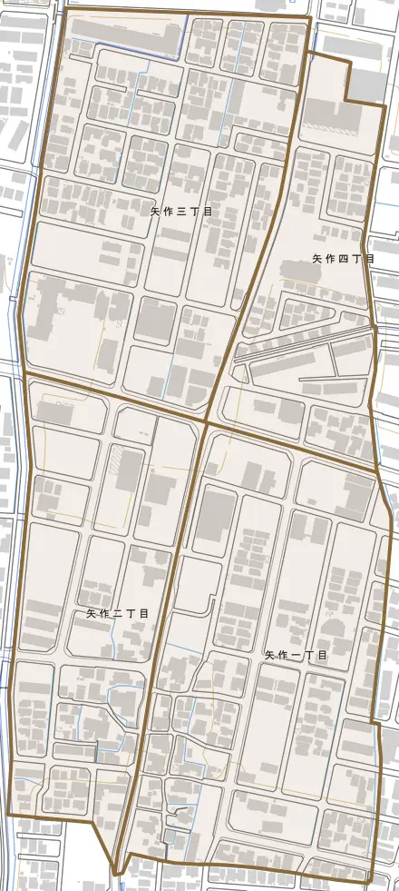 矢作とその周辺の地図。町の範囲を重ねている
