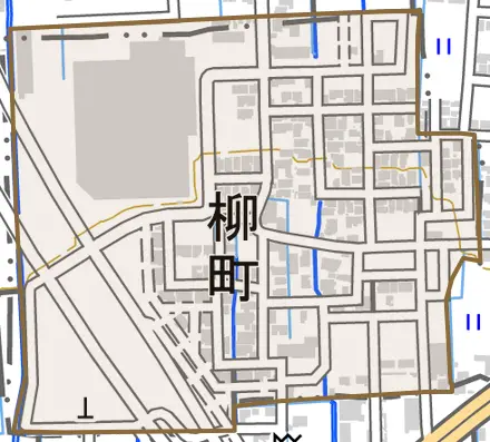 柳町とその周辺の地図。町の範囲を重ねている