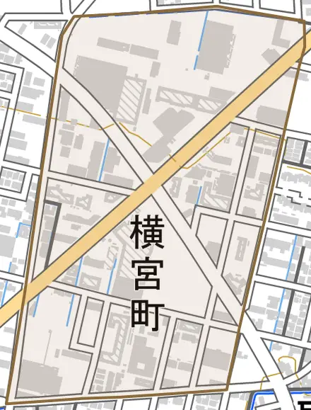 横宮町とその周辺の地図。町の範囲を重ねている