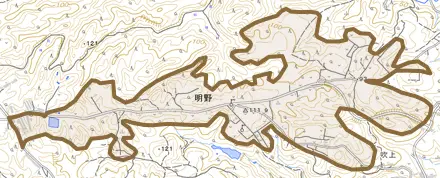 字明野とその周辺の地図。町の範囲を重ねている