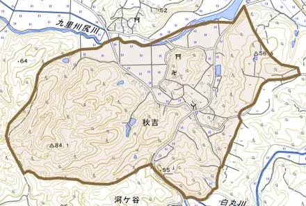 字秋吉とその周辺の地図。町の範囲を重ねている