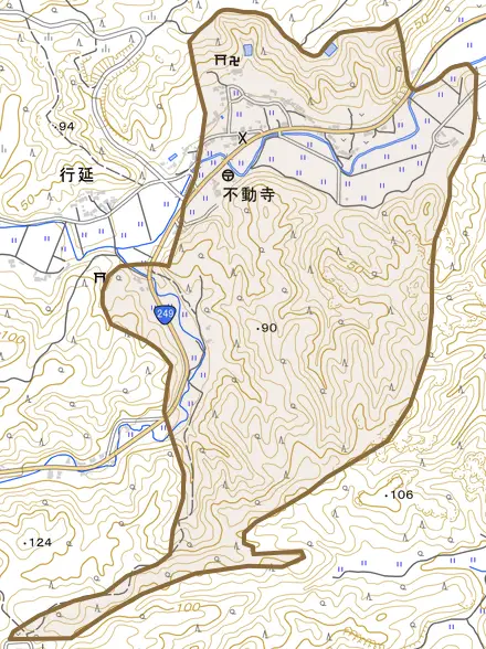 字不動寺とその周辺の地図。町の範囲を重ねている