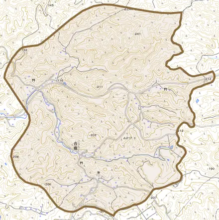 字合鹿とその周辺の地図。町の範囲を重ねている