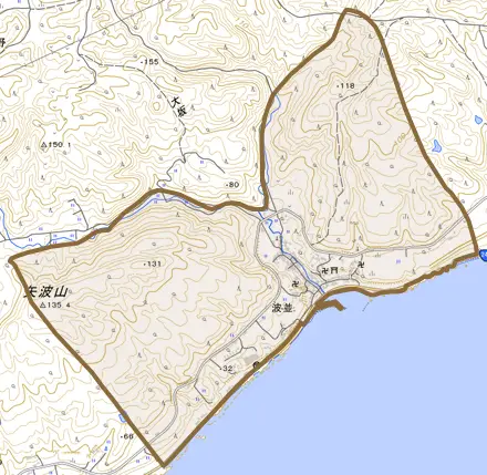 字波並とその周辺の地図。町の範囲を重ねている