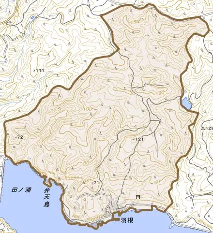 字羽根とその周辺の地図。町の範囲を重ねている