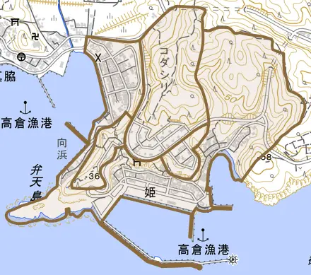 字姫とその周辺の地図。町の範囲を重ねている