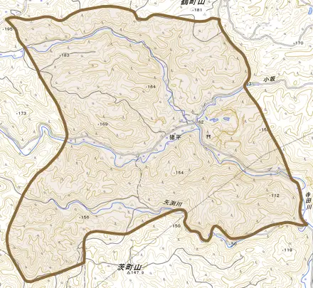 字猪平とその周辺の地図。町の範囲を重ねている