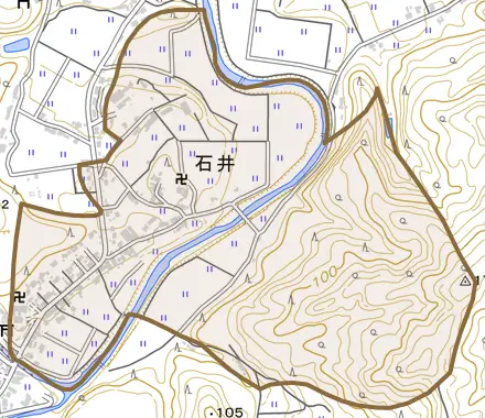 字石井とその周辺の地図。町の範囲を重ねている