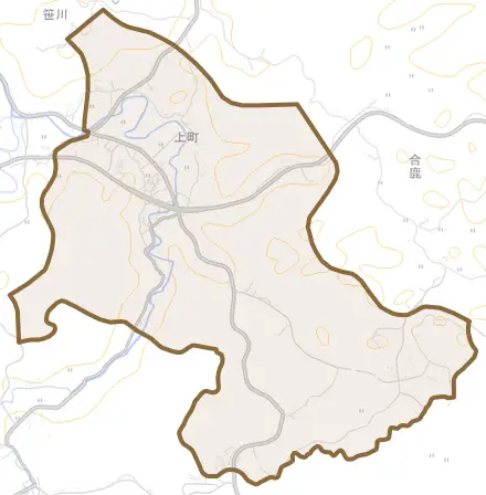 字上町とその周辺の地図。町の範囲を重ねている