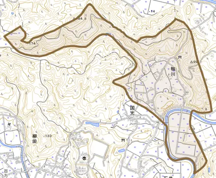 字鴨川とその周辺の地図。町の範囲を重ねている