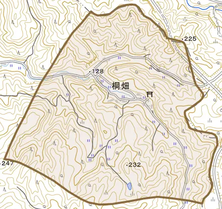 字桐畑とその周辺の地図。町の範囲を重ねている