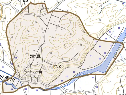 字清真とその周辺の地図。町の範囲を重ねている