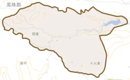 字国重とその周辺の地図。町の範囲を重ねている