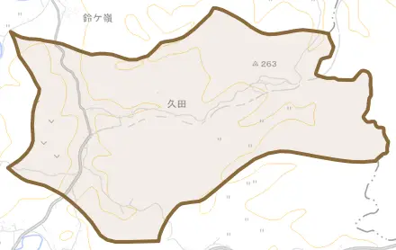字久田とその周辺の地図。町の範囲を重ねている
