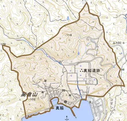 字真脇とその周辺の地図。町の範囲を重ねている