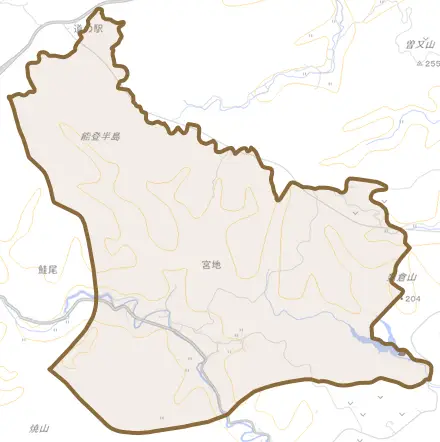 字宮地とその周辺の地図。町の範囲を重ねている