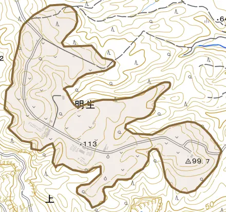 字明生とその周辺の地図。町の範囲を重ねている