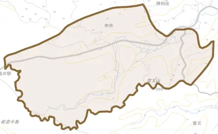 字中斉とその周辺の地図。町の範囲を重ねている
