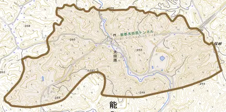 字太田原とその周辺の地図。町の範囲を重ねている