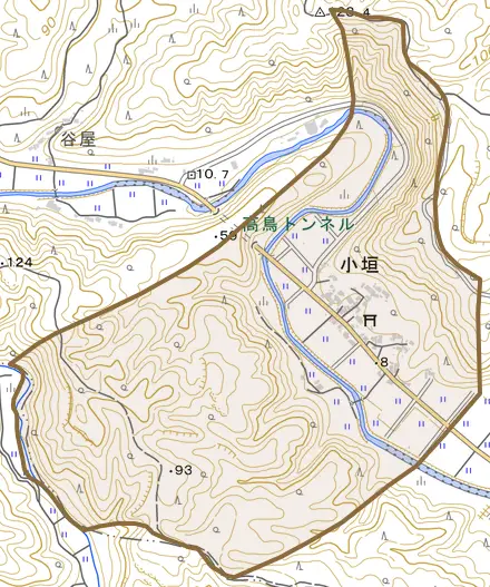 字小垣とその周辺の地図。町の範囲を重ねている