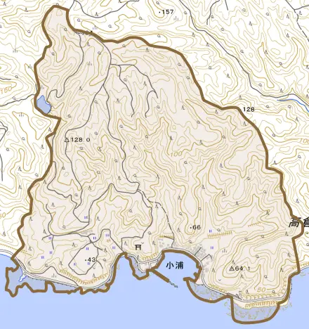 字小浦とその周辺の地図。町の範囲を重ねている