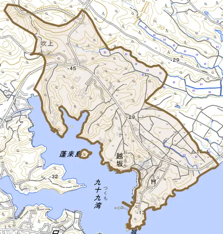 字越坂とその周辺の地図。町の範囲を重ねている