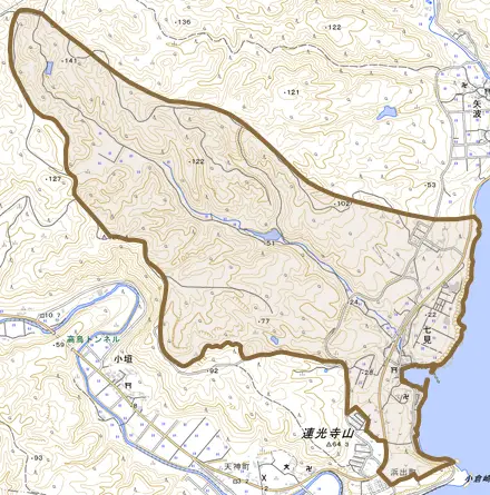 字七見とその周辺の地図。町の範囲を重ねている