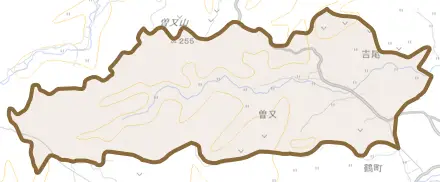 字曽又とその周辺の地図。町の範囲を重ねている