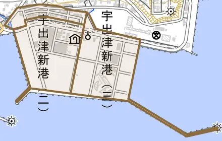 字宇出津新港とその周辺の地図。町の範囲を重ねている