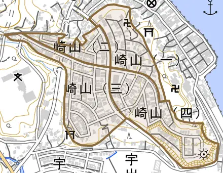 字崎山とその周辺の地図。町の範囲を重ねている