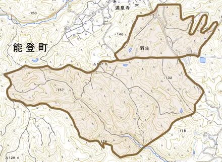 字羽生とその周辺の地図。町の範囲を重ねている