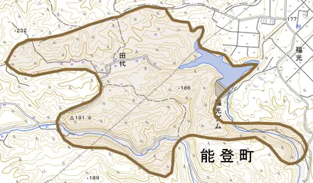 字田代とその周辺の地図。町の範囲を重ねている
