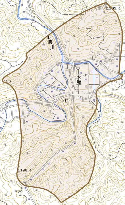 字天坂とその周辺の地図。町の範囲を重ねている