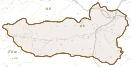字鶴町とその周辺の地図。町の範囲を重ねている