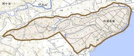 字内浦長尾とその周辺の地図。町の範囲を重ねている