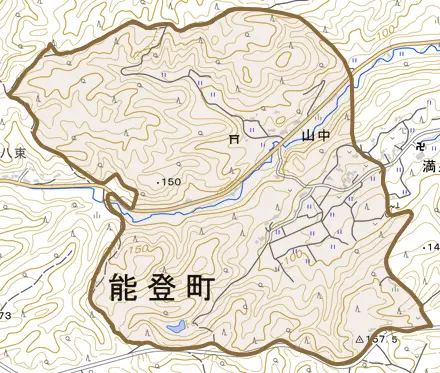 字山中とその周辺の地図。町の範囲を重ねている