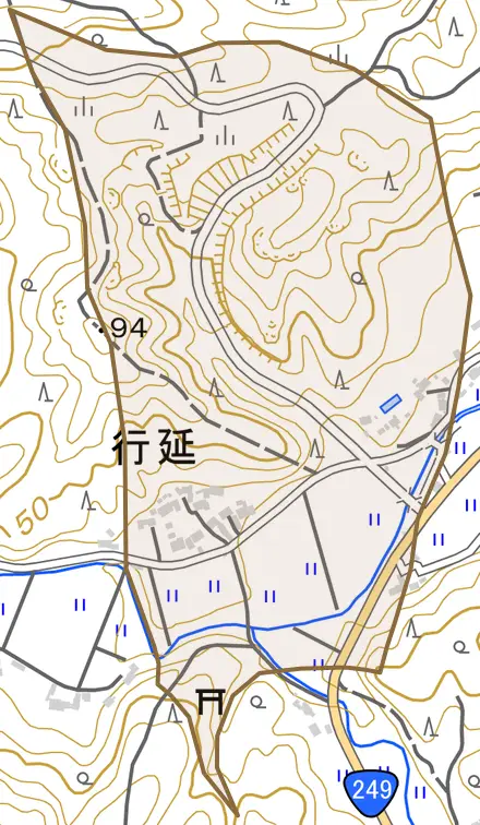 字行延とその周辺の地図。町の範囲を重ねている