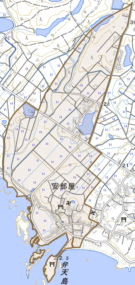 安部屋とその周辺の地図。町の範囲を重ねている