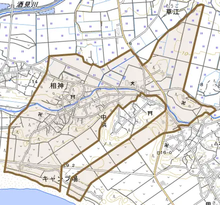 相神とその周辺の地図。町の範囲を重ねている