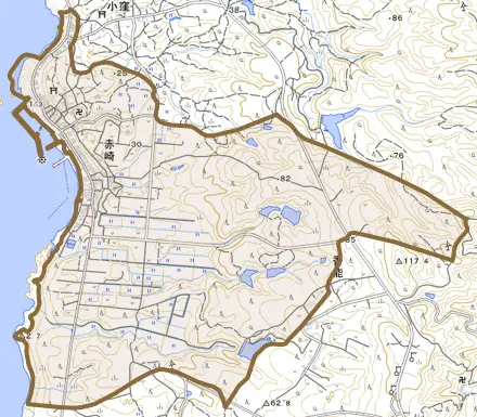 赤崎とその周辺の地図。町の範囲を重ねている