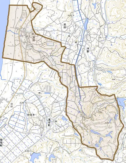 甘田とその周辺の地図。町の範囲を重ねている