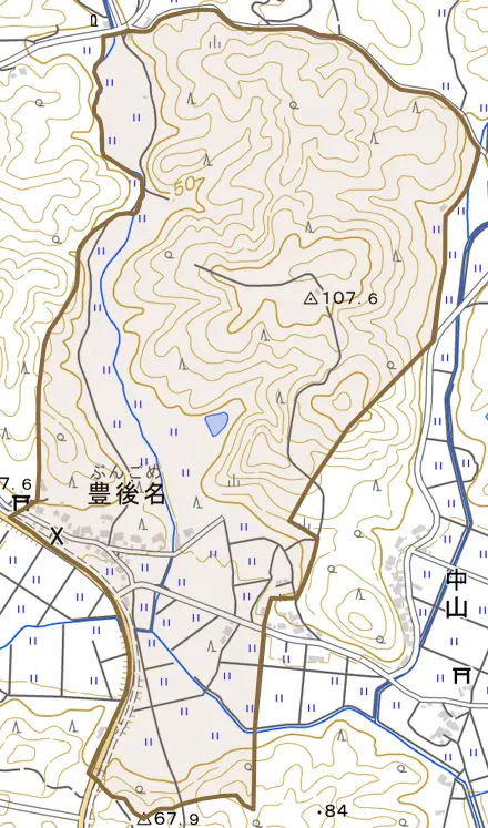 豊後名とその周辺の地図。町の範囲を重ねている