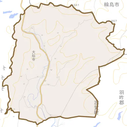 大福寺とその周辺の地図。町の範囲を重ねている