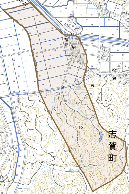 福井とその周辺の地図。町の範囲を重ねている